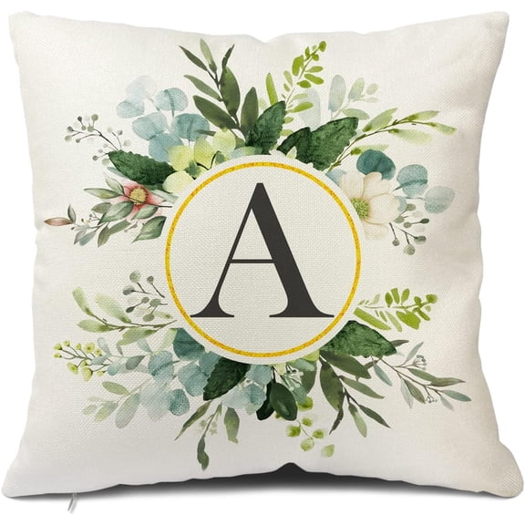 Monogram Letter A Throw Pillow Covers Floral 18x18 Inch, Greenery Spring Pillows Decorative Throw Pillows Pillowcase Summer Farmhouse Decor for Couch Sofa, Family Last Name Initial Pillow Case