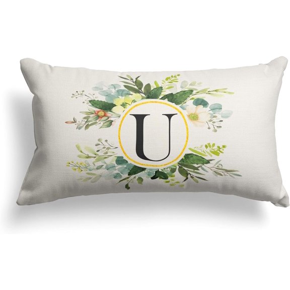 Monogram Letter U Throw Pillow Covers Floral 12x20 Inch, Greenery Spring Pillows Decorative Throw Pillows Pillowcase Summer Farmhouse Decor for Couch Sofa, Family Last Name Initial Pillow Case