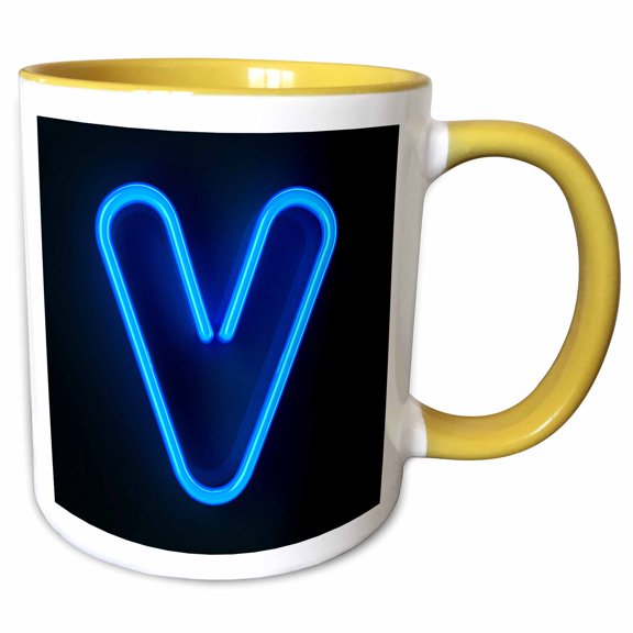 3drose, Monogram Letter V Abstract Neon Blue Lit Shining Illuminated, 11oz Two-tone Yellow Mug