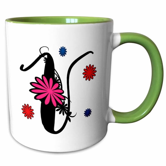 3drose, Monogram Letter V Fancy Swirly Font and Flowers, 11oz Two-tone Green Mug