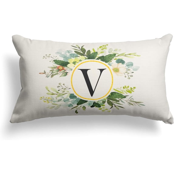 Monogram Letter V Throw Pillow Covers Floral 12x20 Inch, Greenery Spring Pillows Decorative Throw Pillows Pillowcase Summer Farmhouse Decor for Couch Sofa, Family Last Name Initial Pillow Case