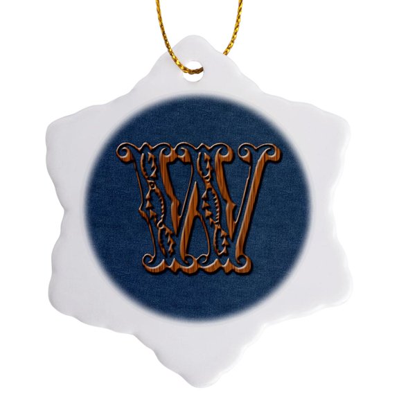 3drose, Monogram Letter W in Victorian Western Font That Looks like Carved Oak Wood on a Denim Background., 3 inch Snowflake Porcelain Ornament
