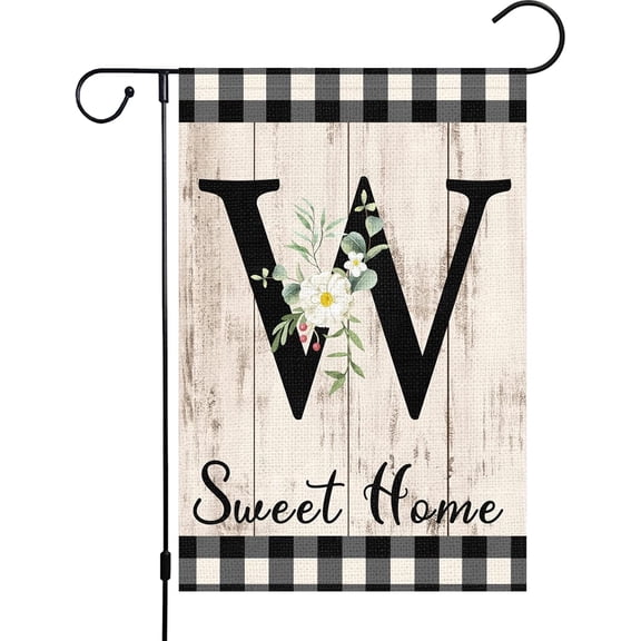 Monogram Letter W Initial Garden Flag 12.5x18 Double Sided Burlap, Small Vertical Welcome Initial Family Last Name Personalized Sweet Home Flag Outdoor Decoration (ONLY FLAG)