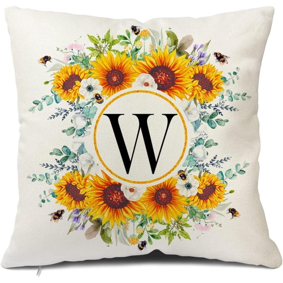 Monogram Letter W Summer Sunflower Throw Pillow Covers 18x18 Inch, Floral Bee Pillows Covers Decorative Family Last Name Initial Throw Pillowcase Decor for Couch Sofa
