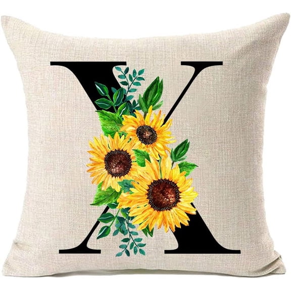 Monogram Letter X Sunflower Pillow Covers 18x18 Inch,Spring Decor Throw Pillow Case Cushion Cover Summer Farmhouse Decor for Couch Sofa,Family Last Name Initial Pillow Case,Home Decorations