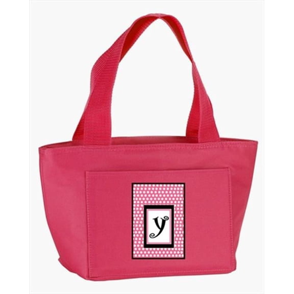 Monogram Letter Y - Pink Black Polka Dots Lunch Bag or Doggie Bag