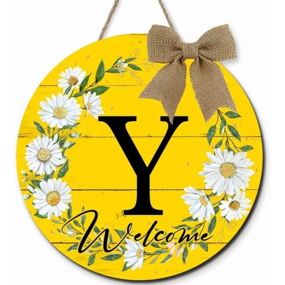Monogram Letter Y Sign for Front Door Round Wood Welcome Wreaths, Daisy Floral Family Last Name Initial House Warming Decor Spring Summer Wreath for Porch Wall Home Decor