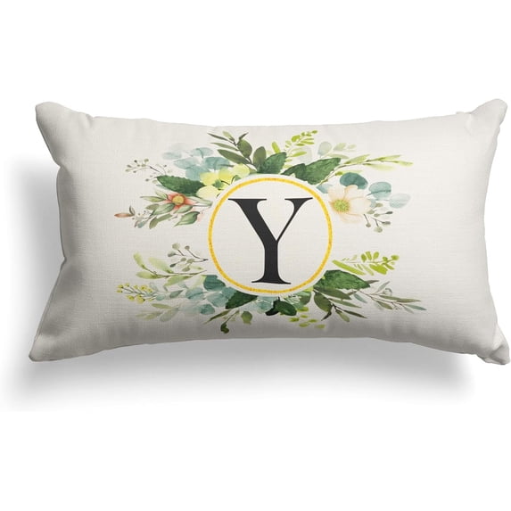 Monogram Letter Y Throw Pillow Covers Floral 12x20 Inch, Greenery Spring Pillows Decorative Throw Pillows Pillowcase Summer Farmhouse Decor for Couch Sofa, Family Last Name Initial Pillow Case