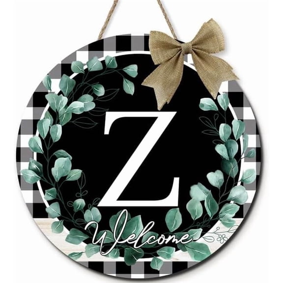 Monogram Letter Z Round Wood Wreaths Wall Hanging Sign Buffalo Plaid Floral Family Last Name Initial House Warming Decor Spring Summer Wreath for Porch Rustic Wall Home Decor