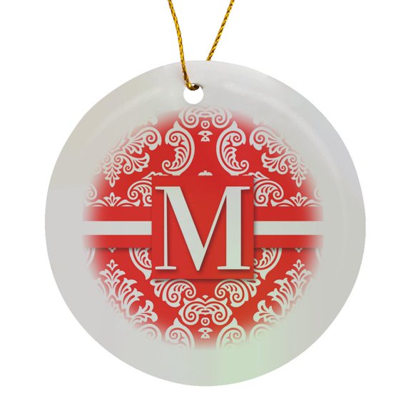 3drose, Monogram M in a Salmon Peach Damask Feminine Pattern, Circle Porcelain Ornament