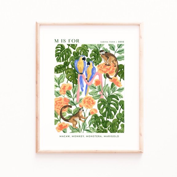 Monogram M Nursery Art Print - Macaw, Monkey & Botanical Design Poster Art Print Home Decor, Unframed Poster Size 8x12 F03.1.20l349