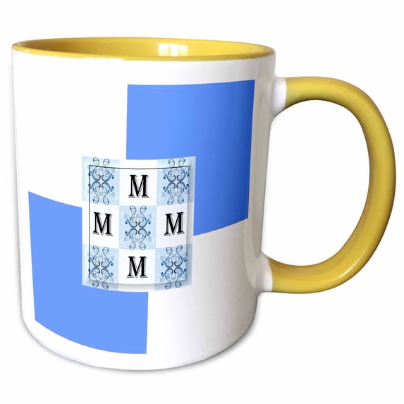 3drose, Monogram - M - Sky Blue - Smudgeart Monogram Squares, 11oz Two-tone Yellow Mug
