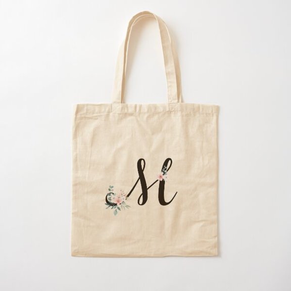 Monogram M With Botanical Flowers Canvas Tote Bags, Reusable Shopping Bag