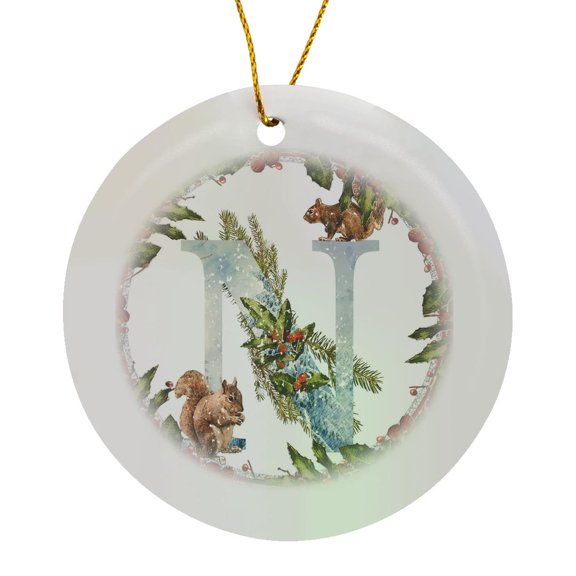 3drose, Monogram N Christmas Squirrels Decorative Initial, Circle Porcelain Ornament
