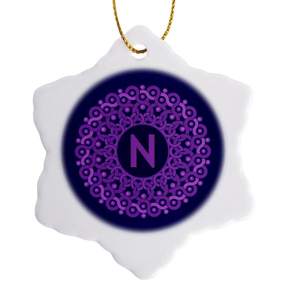 Monogram N Lilac And Rich Purple Mandala On Deep Royal Purple Muted Grunge Damask, 3 inch Snowflake Porcelain Ornament