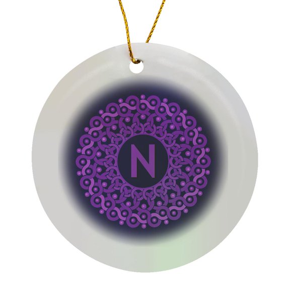Monogram N Lilac And Rich Purple Mandala On Deep Royal Purple Muted Grunge Damask, Circle Porcelain Ornament