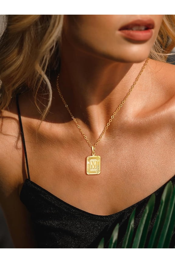 Monogram Necklace A-Z 26 Letters Pendants 18K Gold/Platinum Plated Square Capital Initial Necklaces For Women Men, Resizable Chain 20"-22"[o4228]