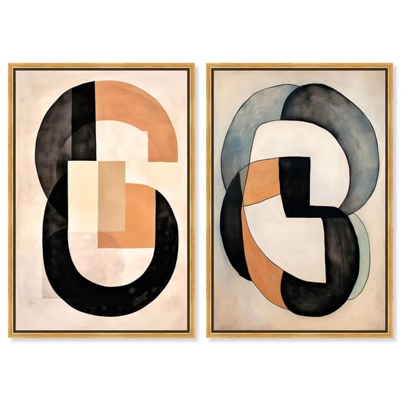 Monogram Numbers Set Canvas Set of 2 Boho Abstract by Art Remedy, Gold Frame, 10 x 15