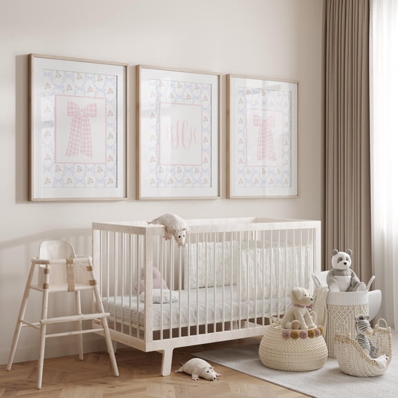 Monogram Nursery Wall Art Set Grandmillennial Nursery Pink Bow Print Girl Nursery Prints Baby Name Nursery Wall Decor Set 3 Set 3