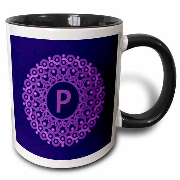 3drose, Monogram P Lilac and Rich Purple Mandala on Deep Royal Purple Muted Grunge Damask, 11oz Two-tone Black Mug