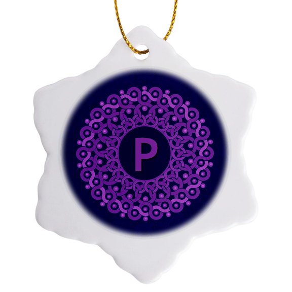 3drose, Monogram P Lilac and Rich Purple Mandala on Deep Royal Purple Muted Grunge Damask, 3 inch Snowflake Porcelain Ornament