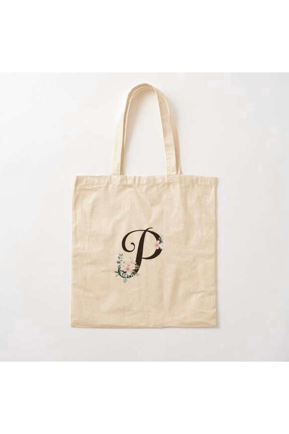 Monogram P With Botanical Flowers Canvas Tote Bags, Reusable Shopping Bag
