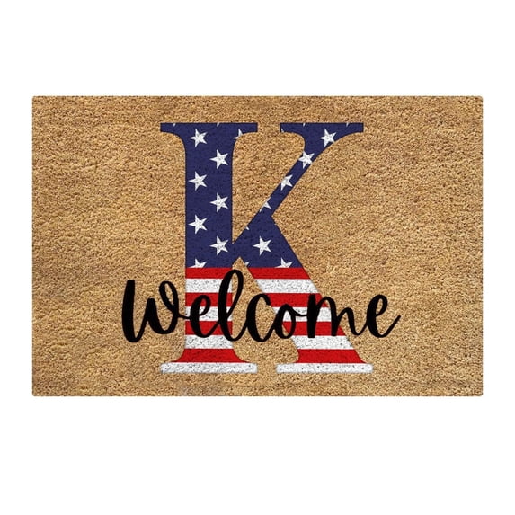 Monogram Patriotic Star Print Coir Doormat, 23.6X35.4inch Personalized Initial Welcome Mat, Patriotic Front Door Entry Rug, Durable Natural Coconut Fiber Outdoor Mat for Home Decor