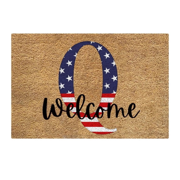 Monogram Patriotic Star Print Coir Doormat, 23.6X35.4inch Personalized Initial Welcome Mat, Patriotic Front Door Entry Rug, Durable Natural Coconut Fiber Outdoor Mat for Home Decor