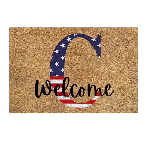 Monogram Patriotic Star Print Coir Doormat, 23.6X35.4inch Personalized Initial Welcome Mat, Patriotic Front Door Entry Rug, Durable Natural Coconut Fiber Outdoor Mat for Home Decor