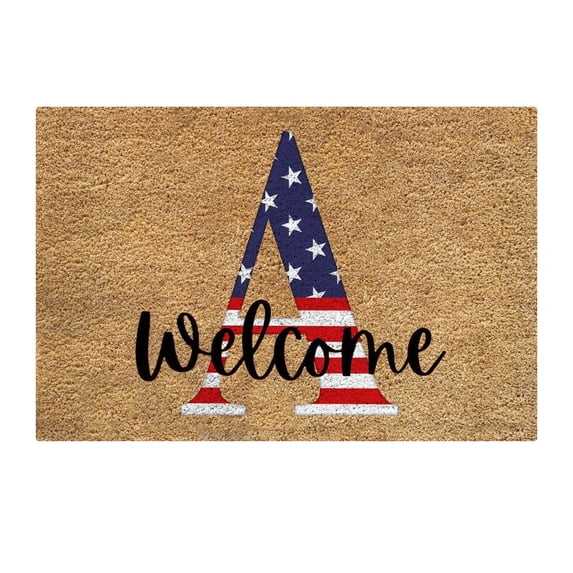 Monogram Patriotic Star Print Coir Doormat, 23.6X35.4inch Personalized Initial Welcome Mat, Patriotic Front Door Entry Rug, Durable Natural Coconut Fiber Outdoor Mat for Home Decor