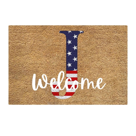 Monogram Patriotic Star Print Coir Doormat, 35.4X23.6inch Personalized Initial Welcome Mat, Patriotic Letter Entry Rug, Durable Natural Fiber Outdoor Mat for Front Door, 4th of July Home Decor