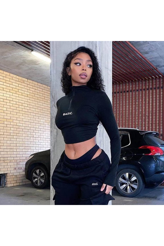 Monogram Print Tight Crop Neck Long Sleeve T-shirt Woman