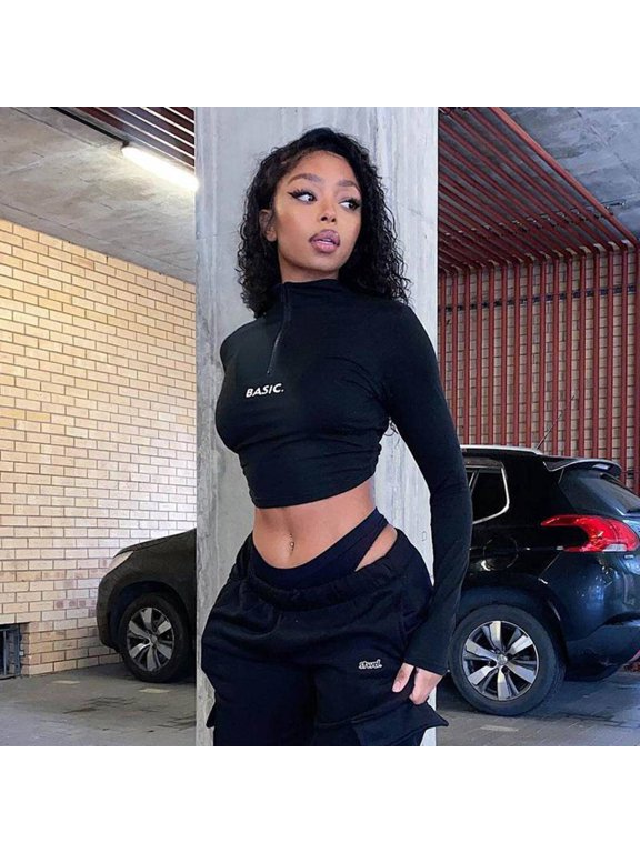 Monogram Print Tight Crop Neck Long Sleeve T-shirt Woman