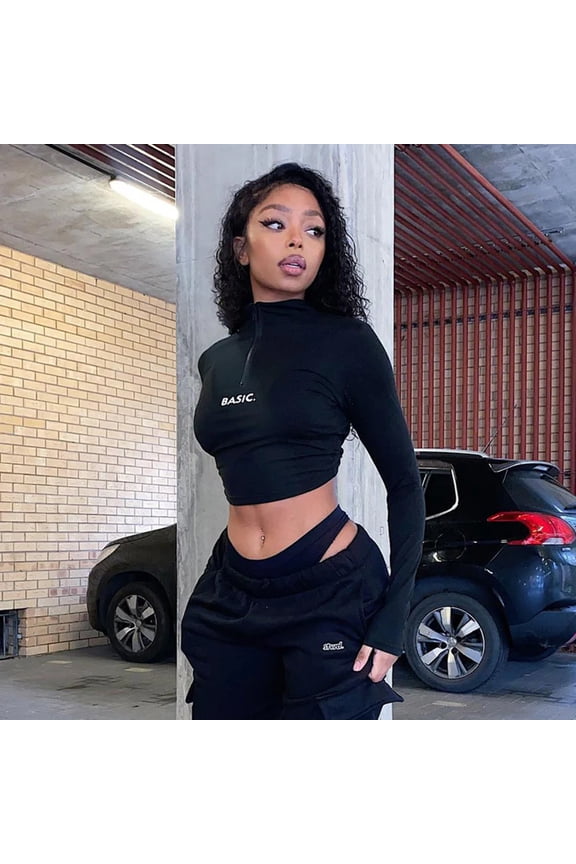 Monogram Print Tight Crop Neck Long Sleeve T-shirt Woman