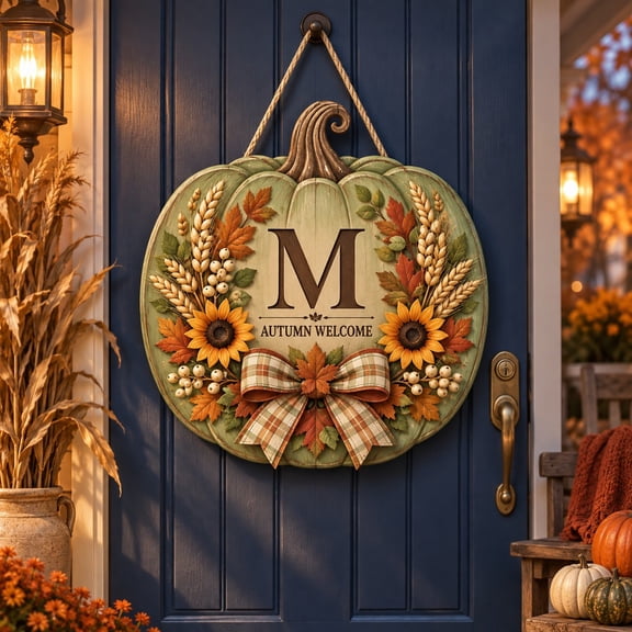 Monogram Pumpkin Autumn Wooden Door Sign for Fall Front Entry Decor