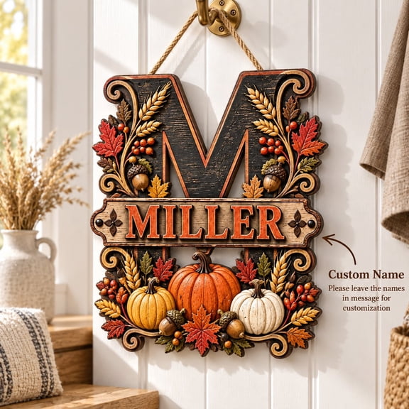 Monogram Pumpkin Sign Autumn Wooden Door Hanger Front Door Decor