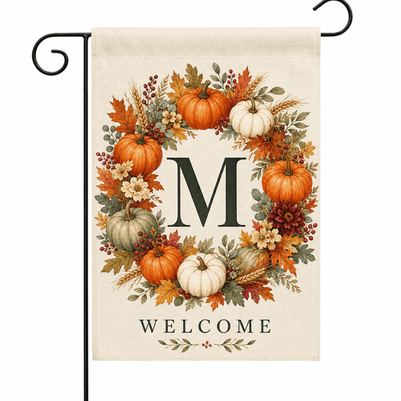 Monogram Pumpkin Wreath Garden Flag, Fall Initial Welcome Yard Decor Gift