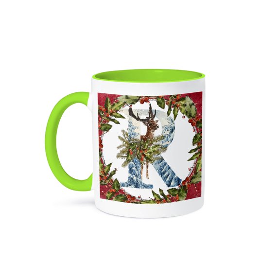 3drose, Monogram R Christmas Deer Buck Decorative Initial, 11oz Two-tone Green Mug