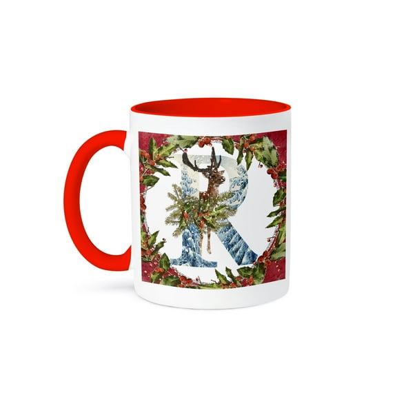 3drose, Monogram R Christmas Deer Buck Decorative Initial, 15oz Two-tone Red Mug