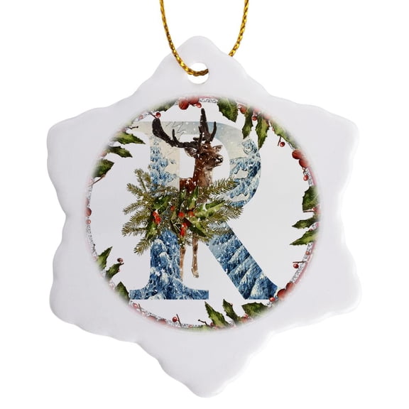 3drose, Monogram R Christmas Deer Buck Decorative Initial, 3 inch Snowflake Porcelain Ornament
