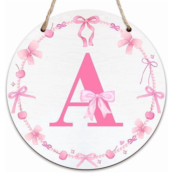 Monogram Round Sign For Front Door, Cherry Bow Theme Sign For Porch Art Wall Door, Initial Signs Hanging Ornament For Indoor Outdoor, Decorations Gifts For Four Seasons Rustic Home Kitchen, A, A01