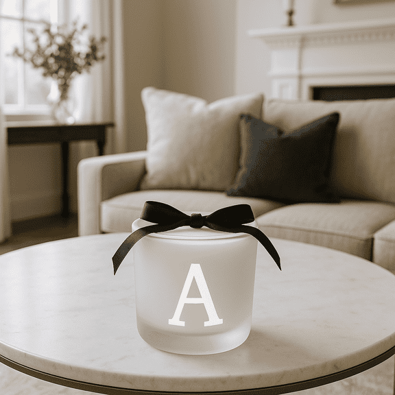 Monogram Scented Candles Silver with Black Gift Bow Frosted Personalized Mirror Monogrammed Letter Candle Gifts 3" in Fitted Box - Letter A