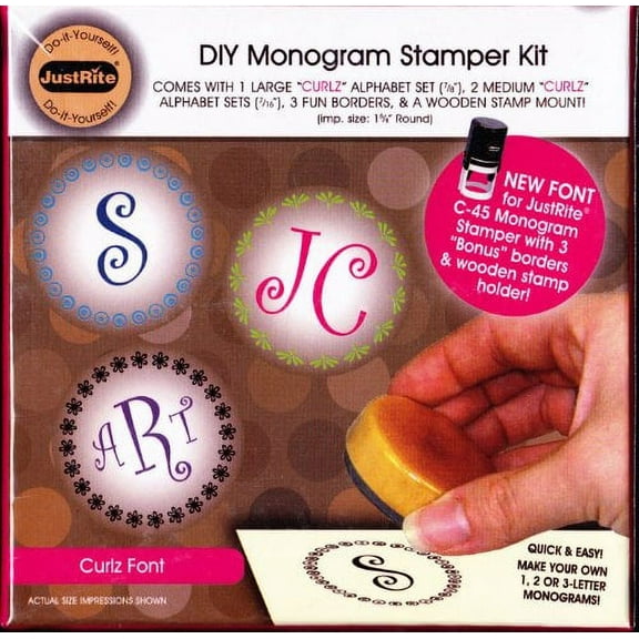 Monogram Stamper Kit: CURLZ font w/Wood Stamp, JustRite Stampers