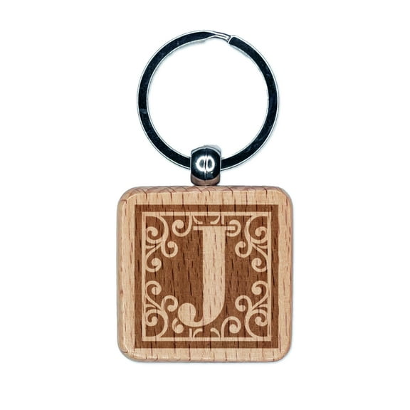 Monogram Swirls Capital Letter J Square Keychain Charm Tag - Engraved Wood