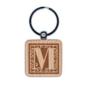 Monogram Swirls Capital Letter M Square Keychain Charm Tag - Engraved Wood