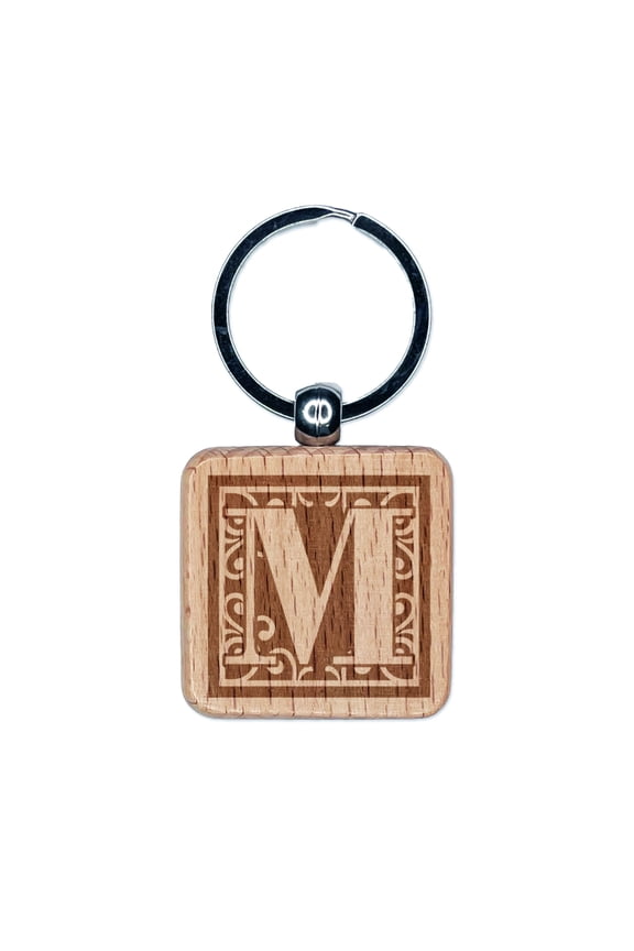 Monogram Swirls Capital Letter M Square Keychain Charm Tag - Engraved Wood