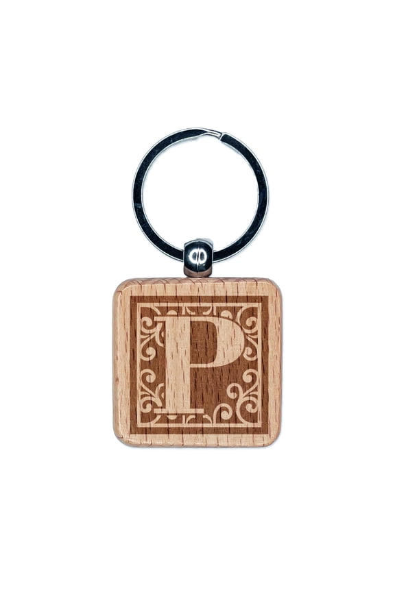 Monogram Swirls Capital Letter P Square Keychain Charm Tag - Engraved Wood
