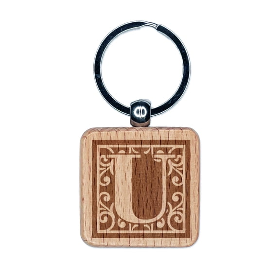 Monogram Swirls Capital Letter U Square Keychain Charm Tag - Engraved Wood