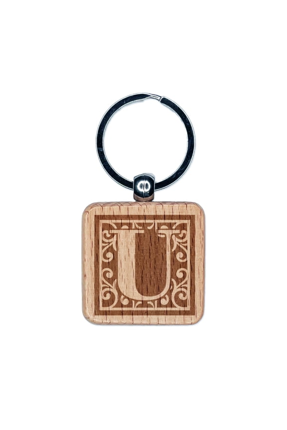Monogram Swirls Capital Letter U Square Keychain Charm Tag - Engraved Wood