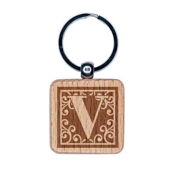 Monogram Swirls Capital Letter V Square Keychain Charm Tag - Engraved Wood